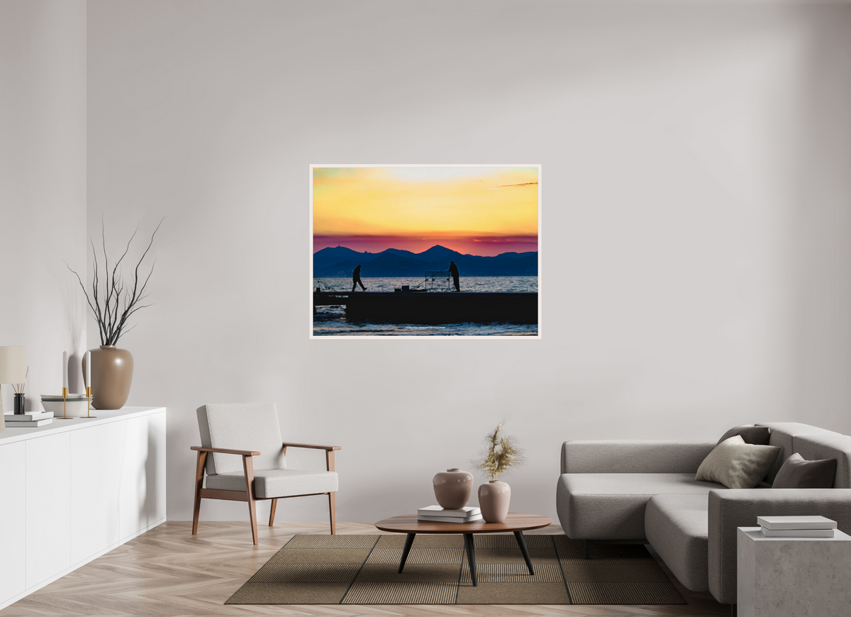 140 x 105 cm, Cadre galerie grand format Pêcheurs au coucher du soleil