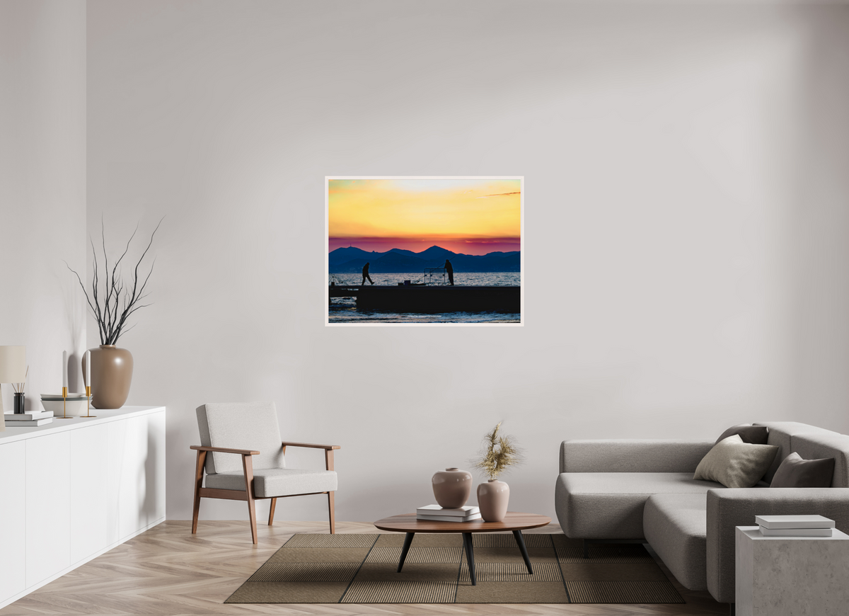 120 x 90 cm, Cadre galerie grand format Pêcheurs au coucher du soleil