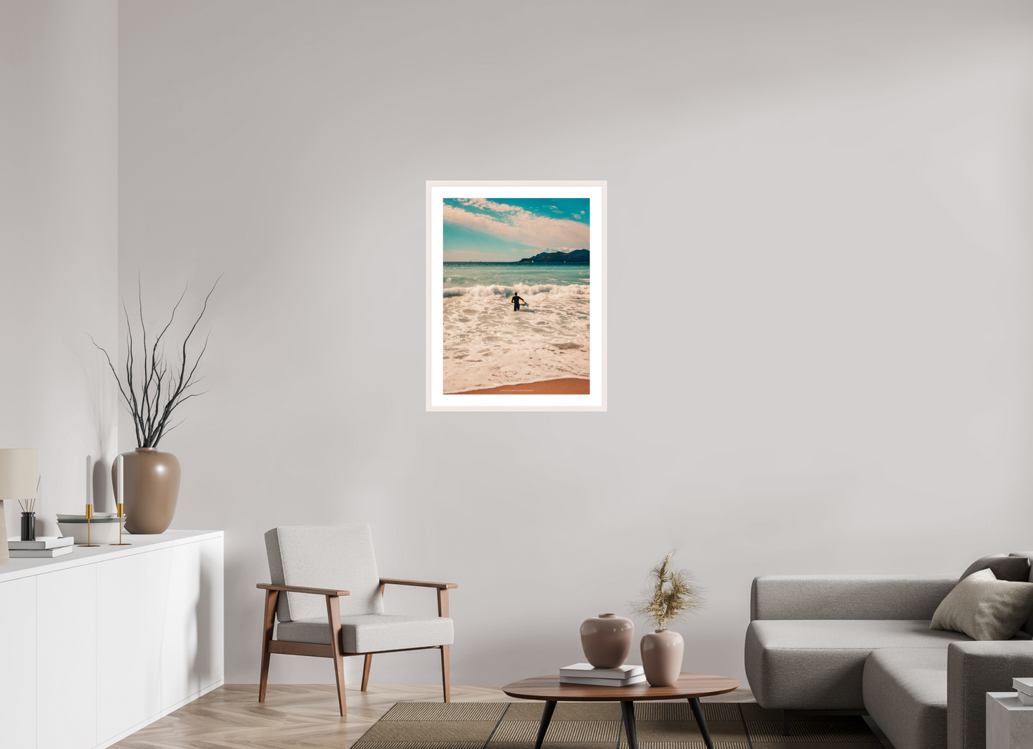 60 x 80 cm, Photo encadré bois érable blanc 20mm Surfeur à Cannes